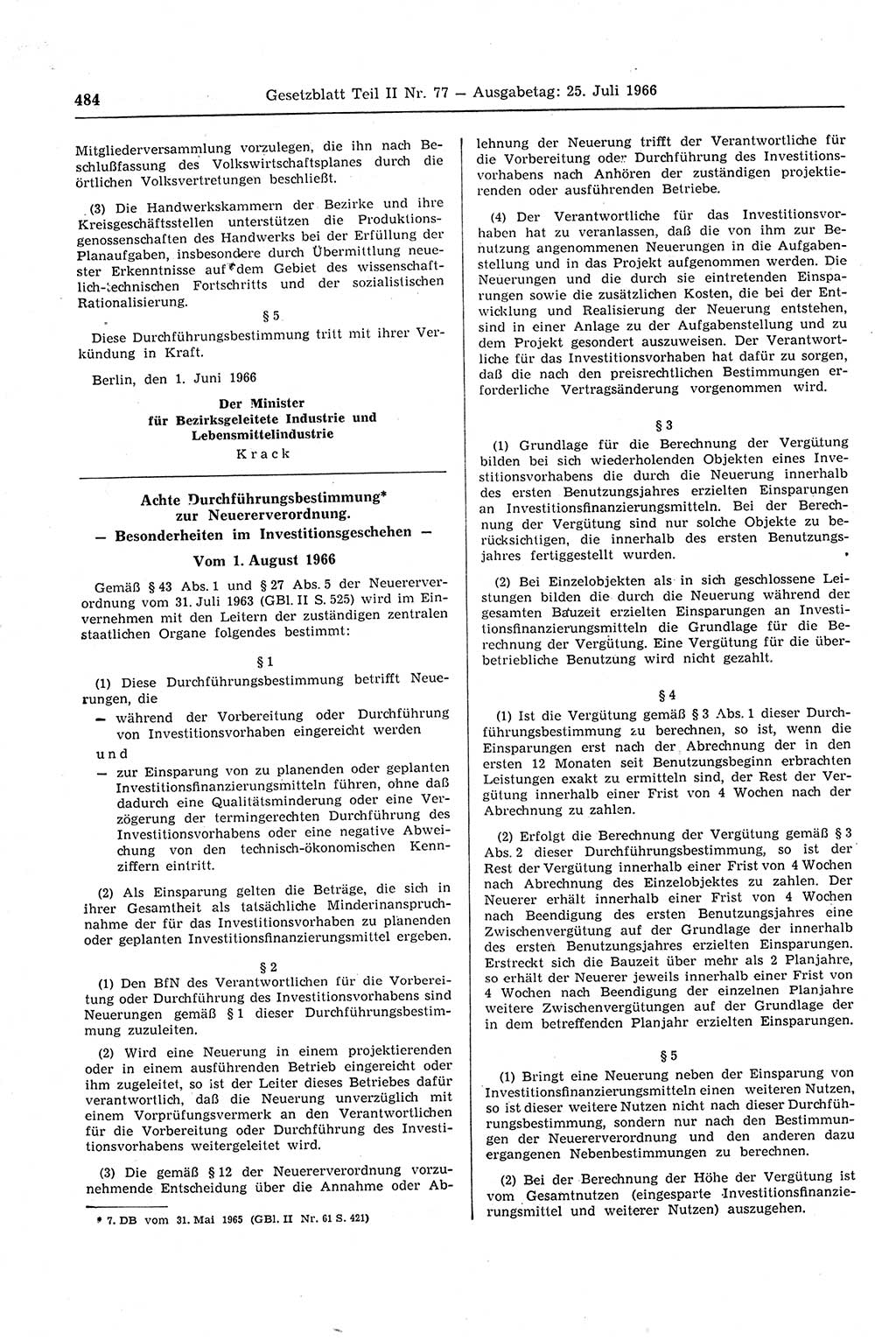 Gesetzblatt (GBl.) der Deutschen Demokratischen Republik (DDR) Teil ⅠⅠ 1966, Seite 484 (GBl. DDR ⅠⅠ 1966, S. 484)