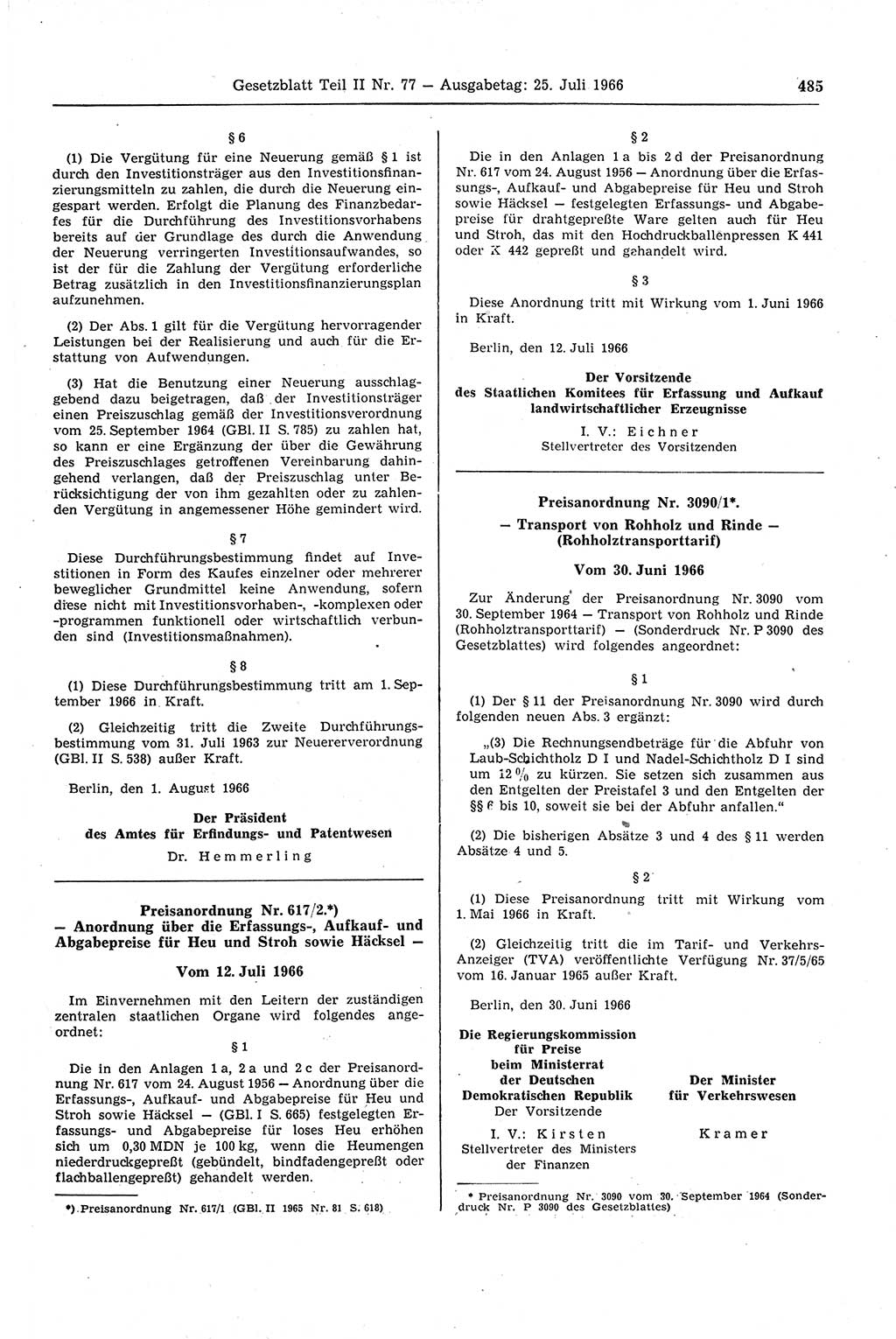 Gesetzblatt (GBl.) der Deutschen Demokratischen Republik (DDR) Teil ⅠⅠ 1966, Seite 485 (GBl. DDR ⅠⅠ 1966, S. 485)