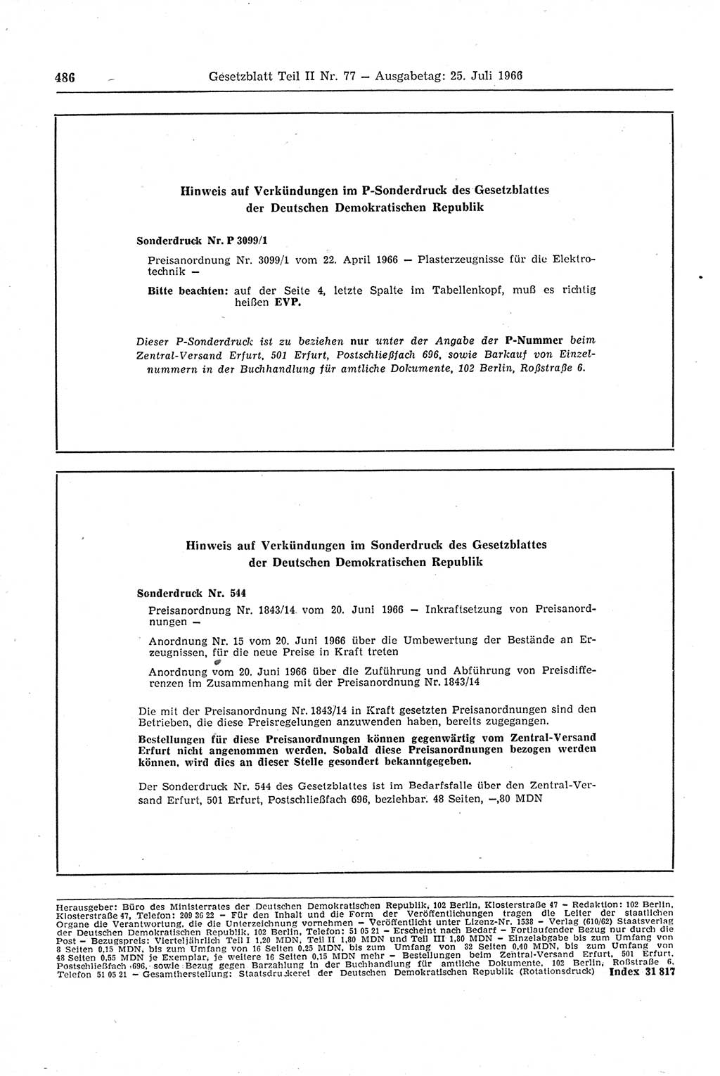 Gesetzblatt (GBl.) der Deutschen Demokratischen Republik (DDR) Teil ⅠⅠ 1966, Seite 486 (GBl. DDR ⅠⅠ 1966, S. 486)