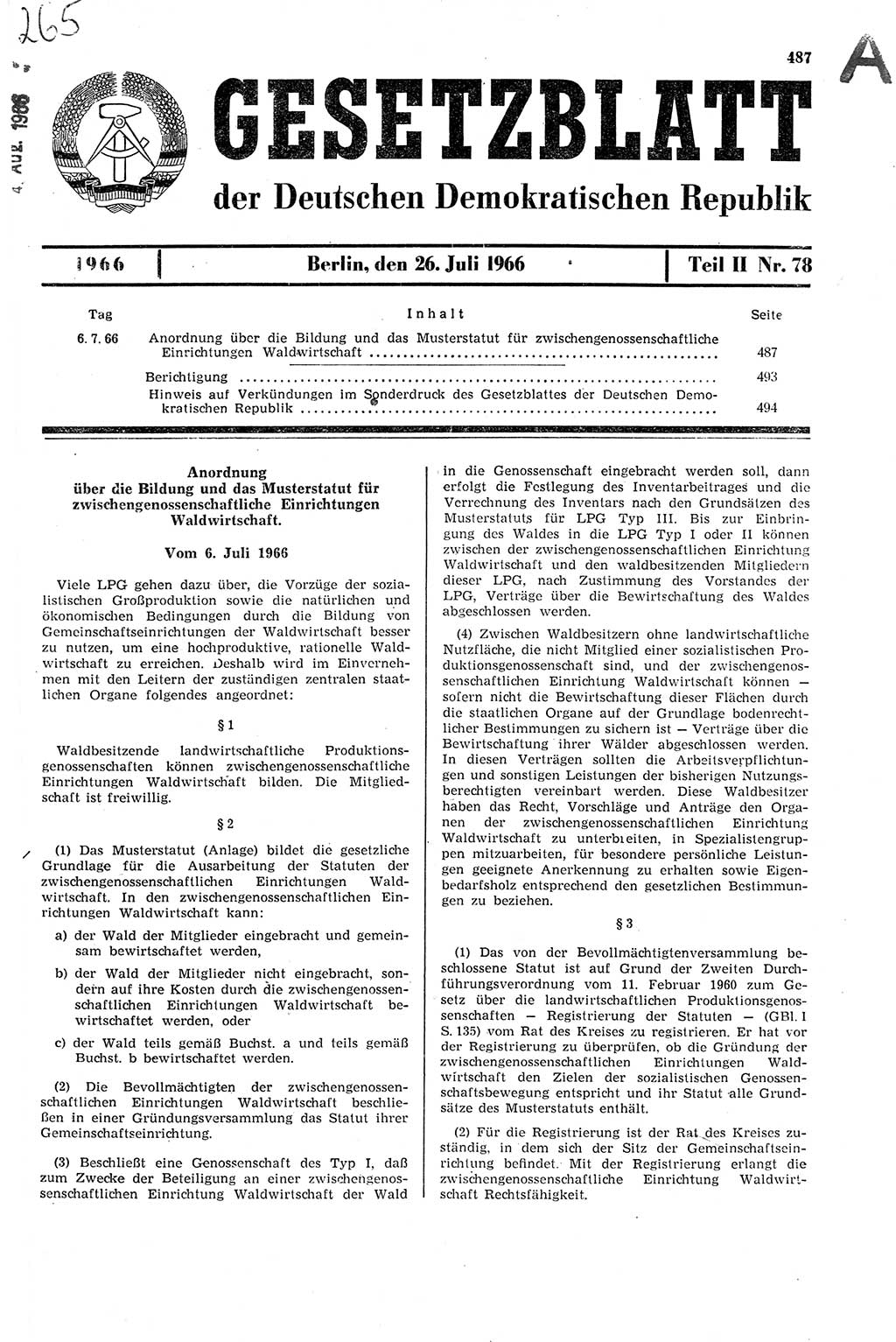 Gesetzblatt (GBl.) der Deutschen Demokratischen Republik (DDR) Teil ⅠⅠ 1966, Seite 487 (GBl. DDR ⅠⅠ 1966, S. 487)