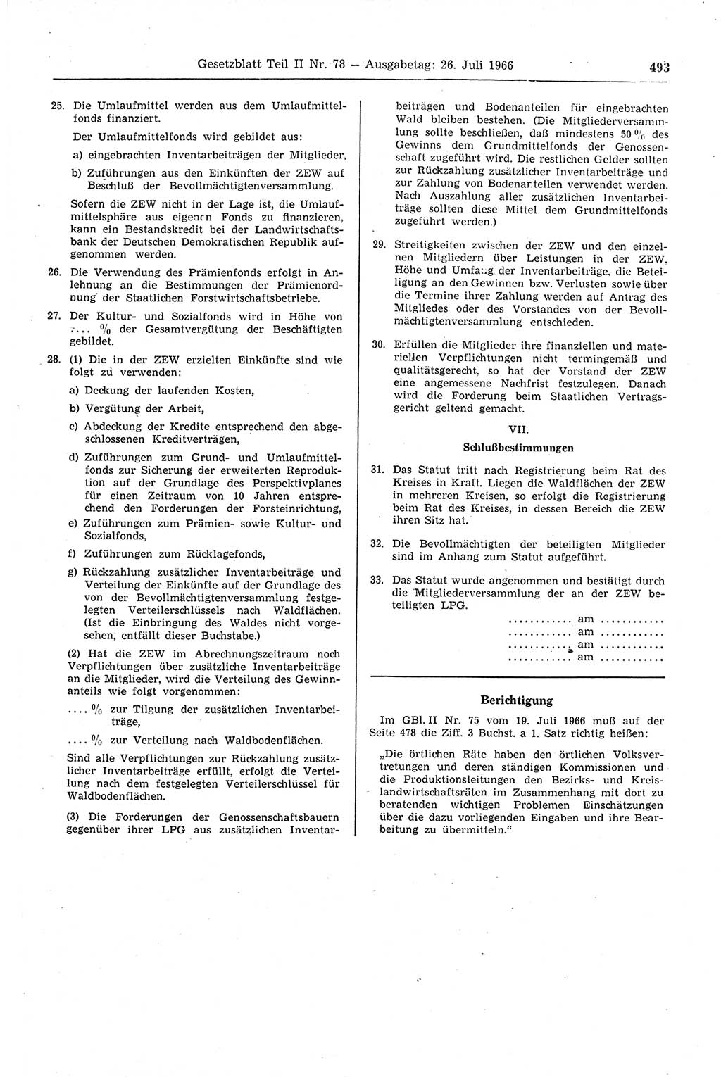 Gesetzblatt (GBl.) der Deutschen Demokratischen Republik (DDR) Teil ⅠⅠ 1966, Seite 493 (GBl. DDR ⅠⅠ 1966, S. 493)