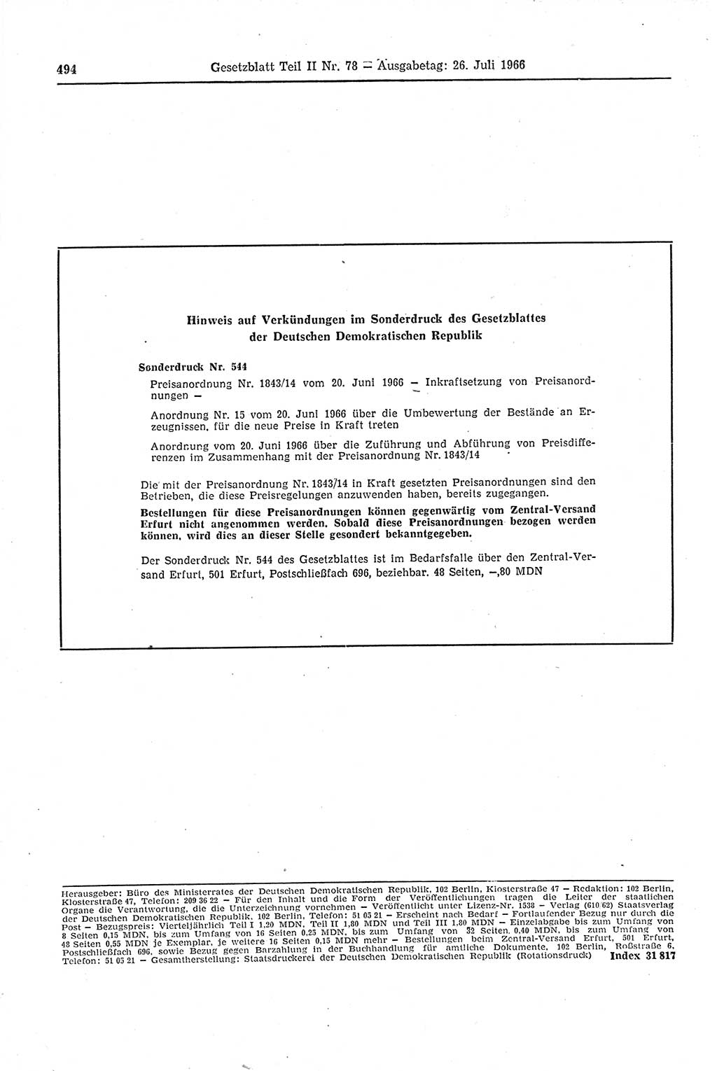 Gesetzblatt (GBl.) der Deutschen Demokratischen Republik (DDR) Teil ⅠⅠ 1966, Seite 494 (GBl. DDR ⅠⅠ 1966, S. 494)