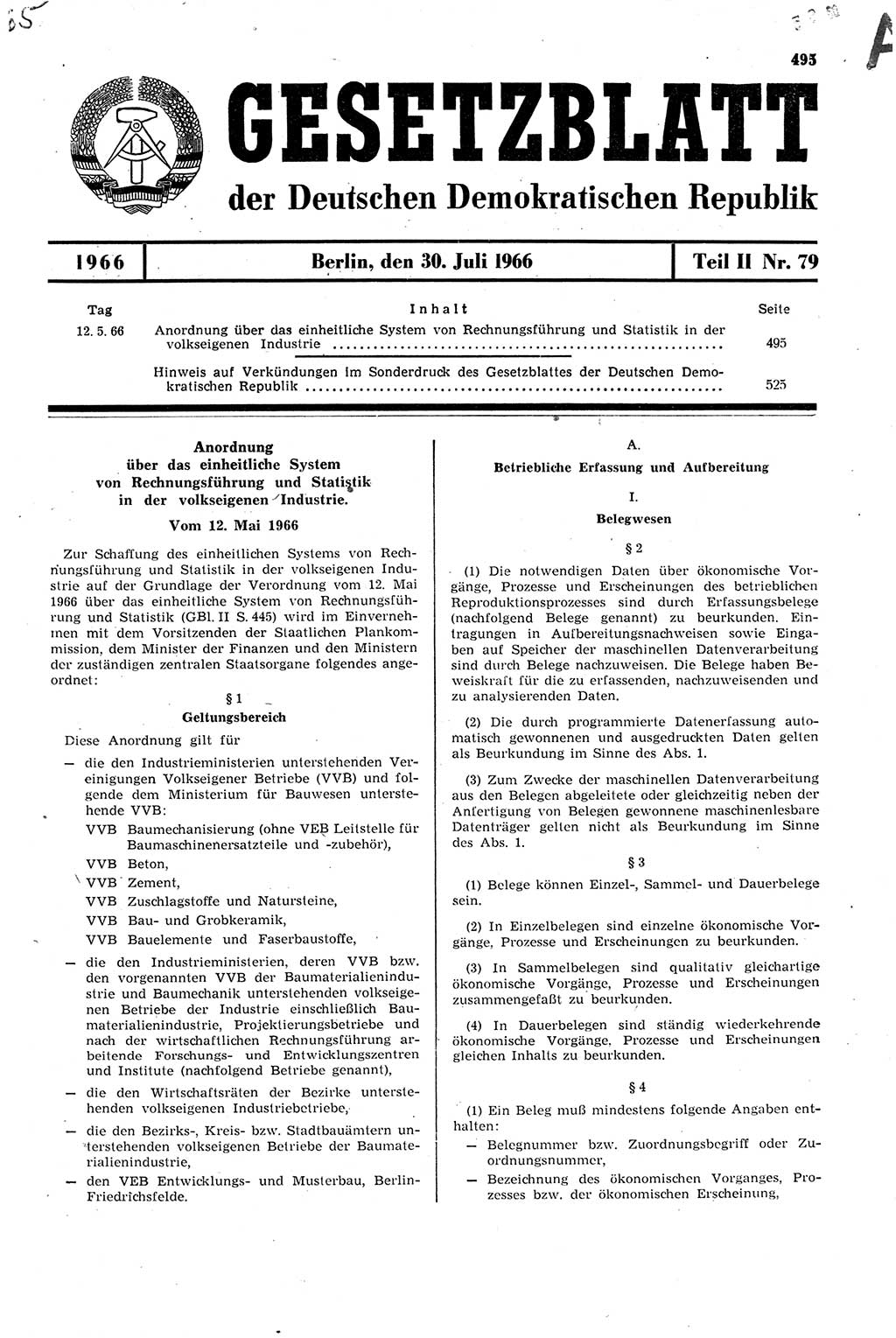 Gesetzblatt (GBl.) der Deutschen Demokratischen Republik (DDR) Teil ⅠⅠ 1966, Seite 495 (GBl. DDR ⅠⅠ 1966, S. 495)