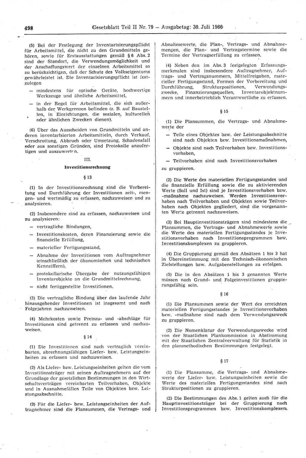 Gesetzblatt (GBl.) der Deutschen Demokratischen Republik (DDR) Teil ⅠⅠ 1966, Seite 498 (GBl. DDR ⅠⅠ 1966, S. 498)