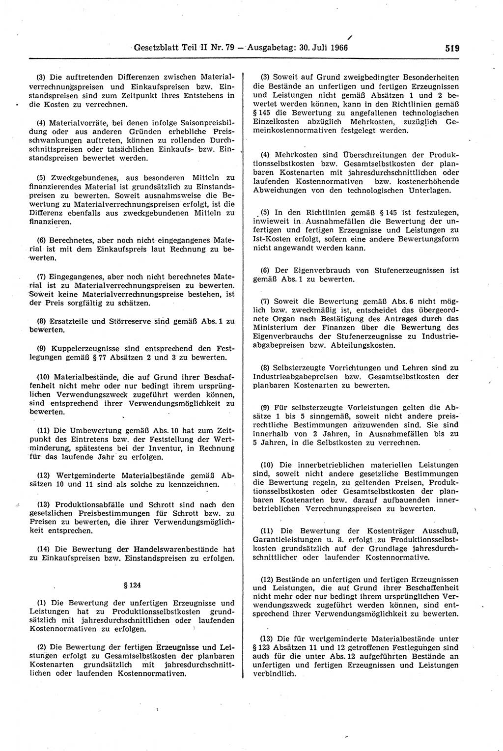 Gesetzblatt (GBl.) der Deutschen Demokratischen Republik (DDR) Teil ⅠⅠ 1966, Seite 519 (GBl. DDR ⅠⅠ 1966, S. 519)
