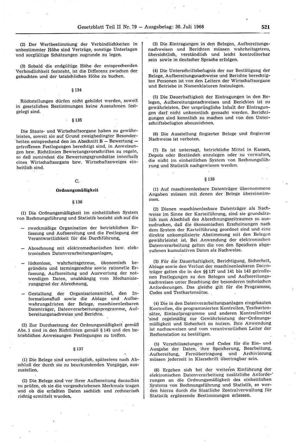 Gesetzblatt (GBl.) der Deutschen Demokratischen Republik (DDR) Teil ⅠⅠ 1966, Seite 521 (GBl. DDR ⅠⅠ 1966, S. 521)