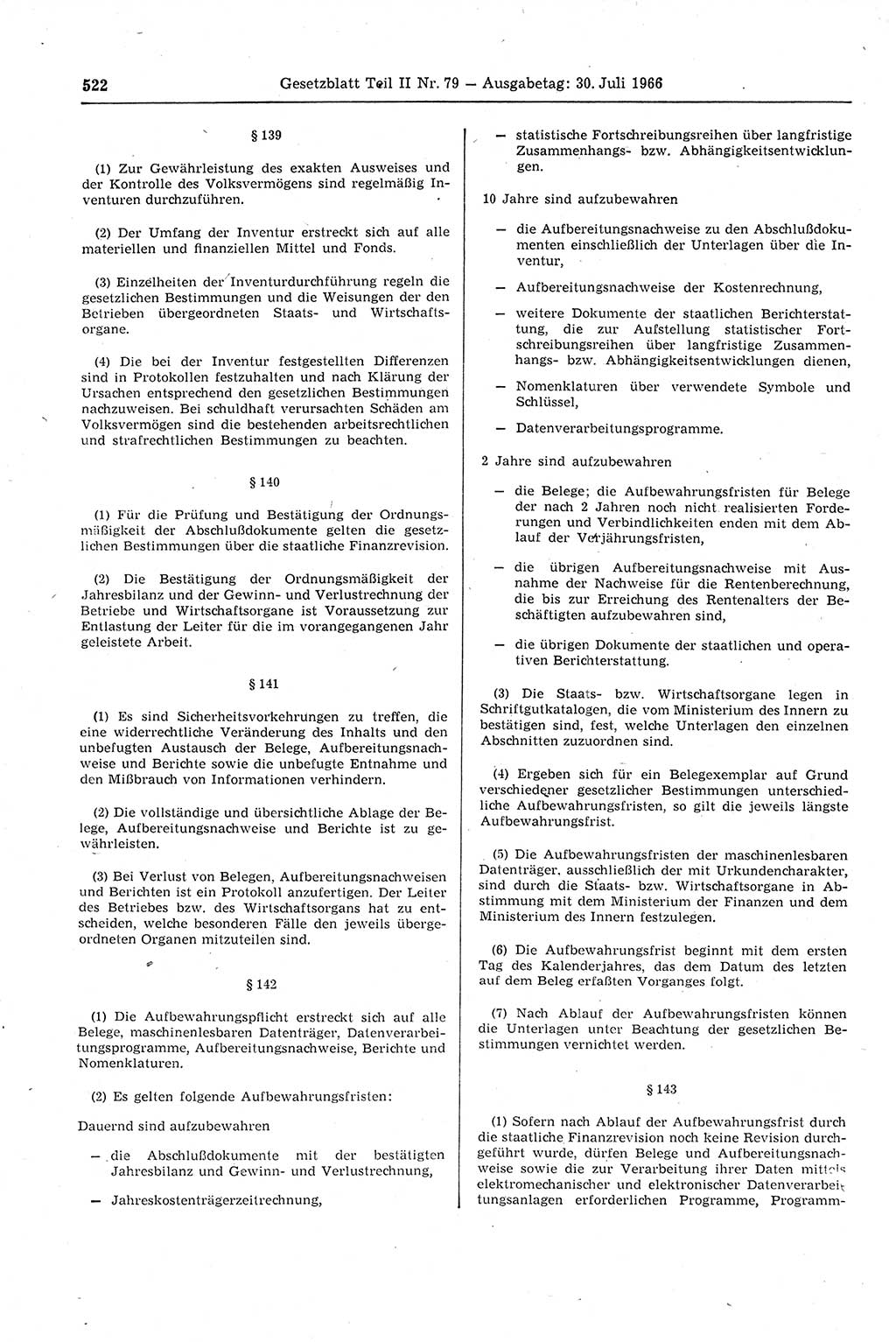 Gesetzblatt (GBl.) der Deutschen Demokratischen Republik (DDR) Teil ⅠⅠ 1966, Seite 522 (GBl. DDR ⅠⅠ 1966, S. 522)