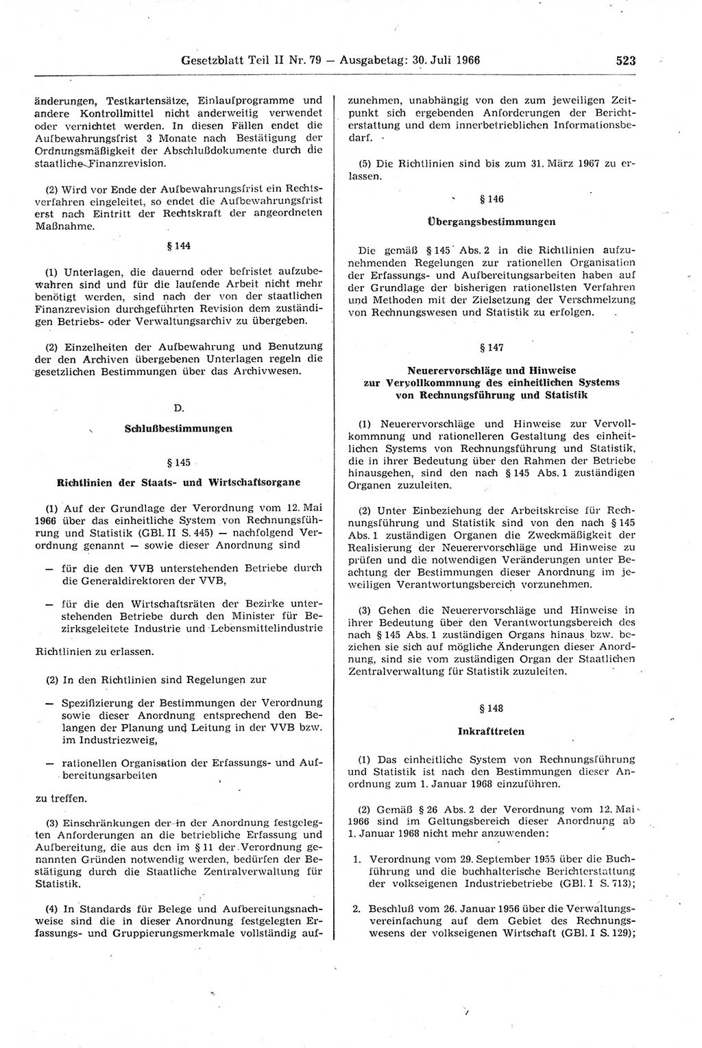 Gesetzblatt (GBl.) der Deutschen Demokratischen Republik (DDR) Teil ⅠⅠ 1966, Seite 523 (GBl. DDR ⅠⅠ 1966, S. 523)