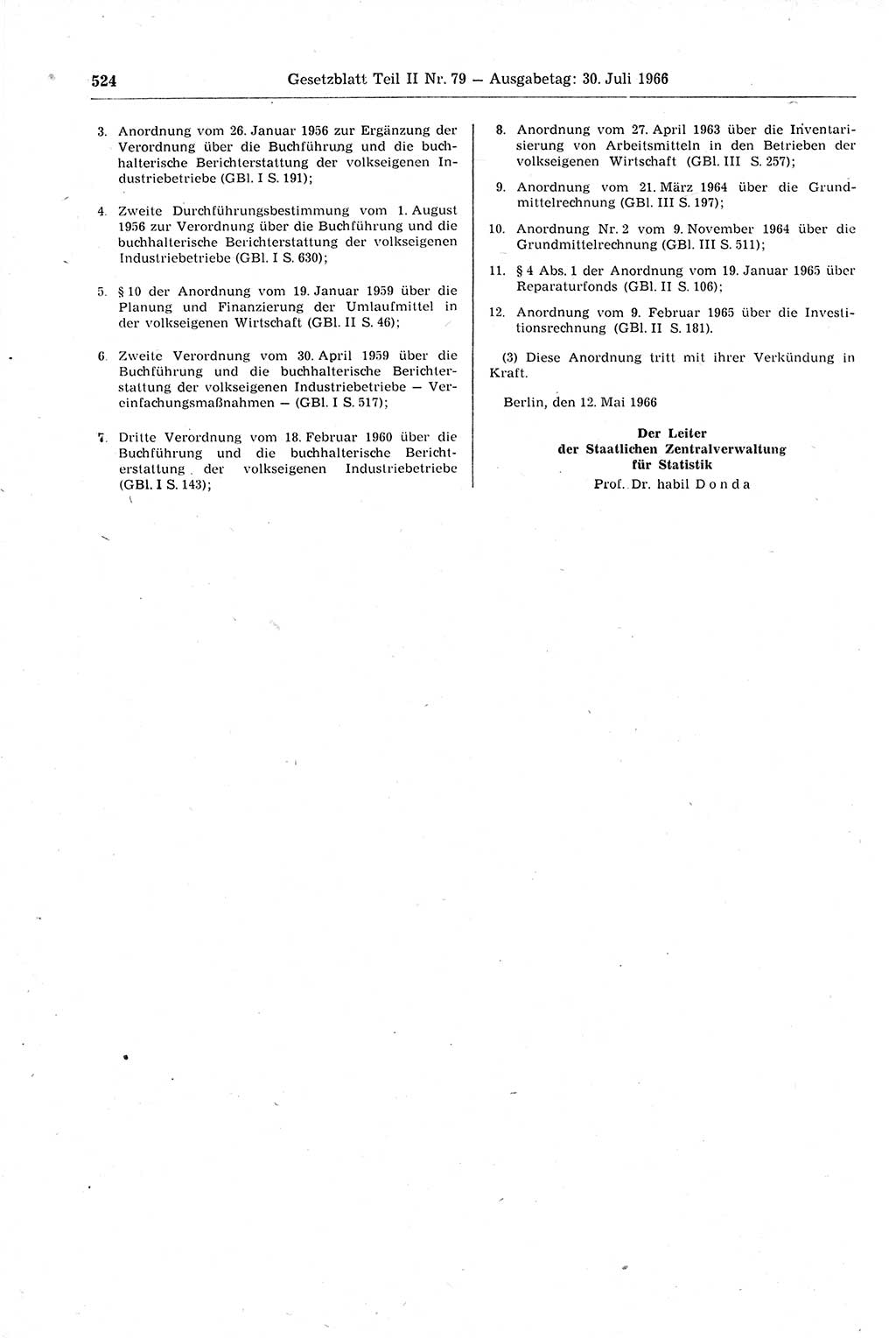 Gesetzblatt (GBl.) der Deutschen Demokratischen Republik (DDR) Teil ⅠⅠ 1966, Seite 524 (GBl. DDR ⅠⅠ 1966, S. 524)