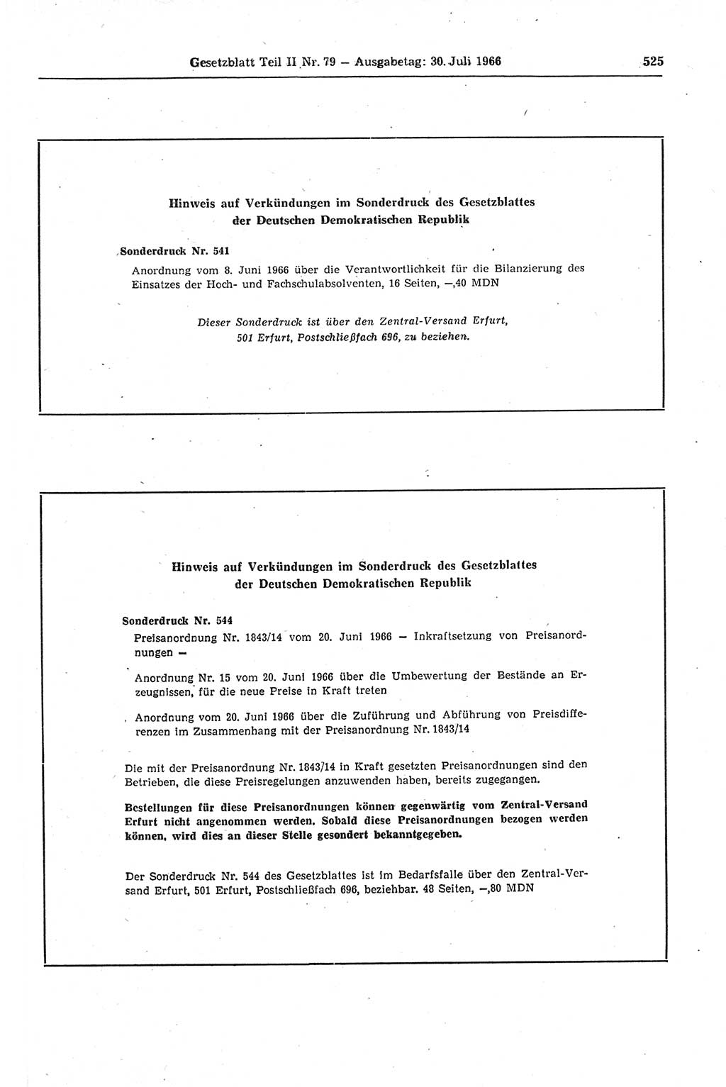 Gesetzblatt (GBl.) der Deutschen Demokratischen Republik (DDR) Teil ⅠⅠ 1966, Seite 525 (GBl. DDR ⅠⅠ 1966, S. 525)