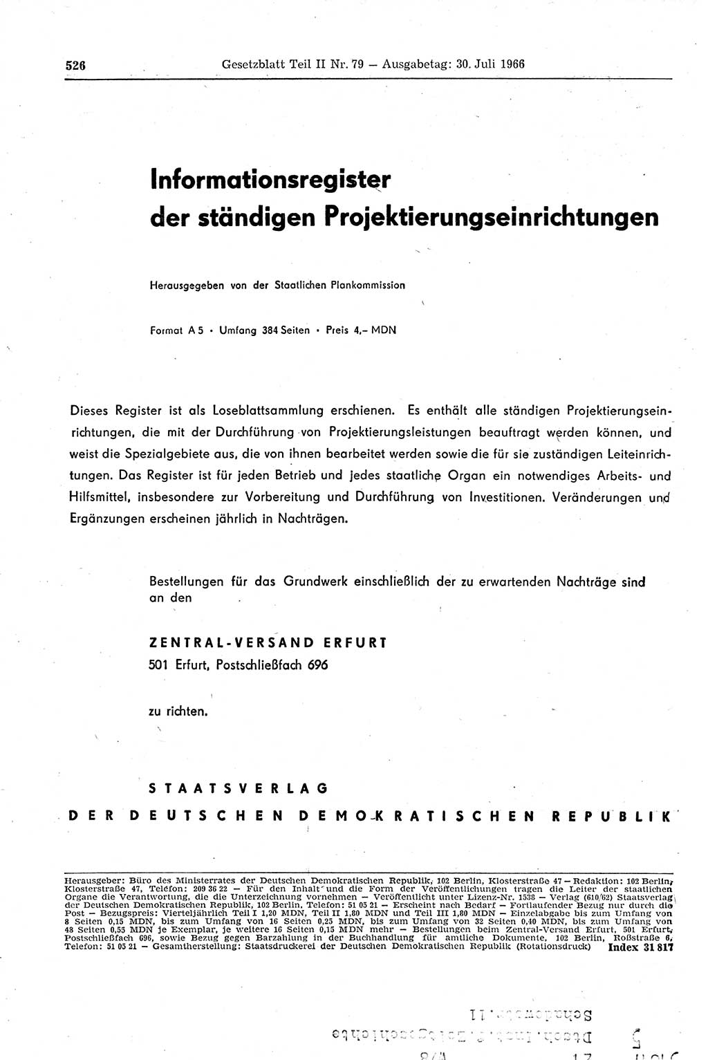 Gesetzblatt (GBl.) der Deutschen Demokratischen Republik (DDR) Teil ⅠⅠ 1966, Seite 526 (GBl. DDR ⅠⅠ 1966, S. 526)