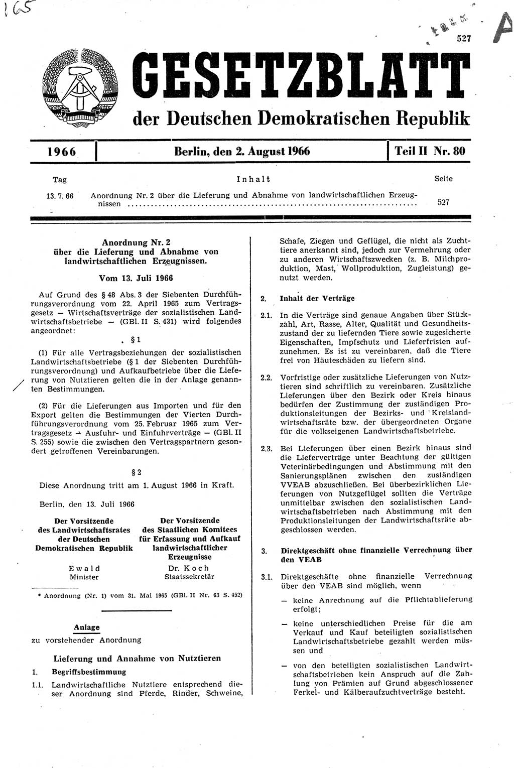 Gesetzblatt (GBl.) der Deutschen Demokratischen Republik (DDR) Teil ⅠⅠ 1966, Seite 527 (GBl. DDR ⅠⅠ 1966, S. 527)