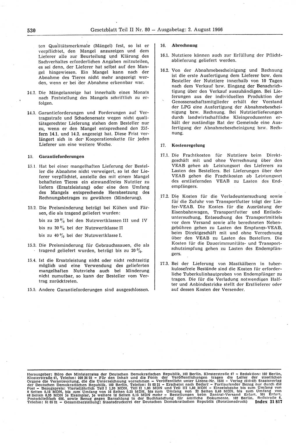 Gesetzblatt (GBl.) der Deutschen Demokratischen Republik (DDR) Teil ⅠⅠ 1966, Seite 530 (GBl. DDR ⅠⅠ 1966, S. 530)