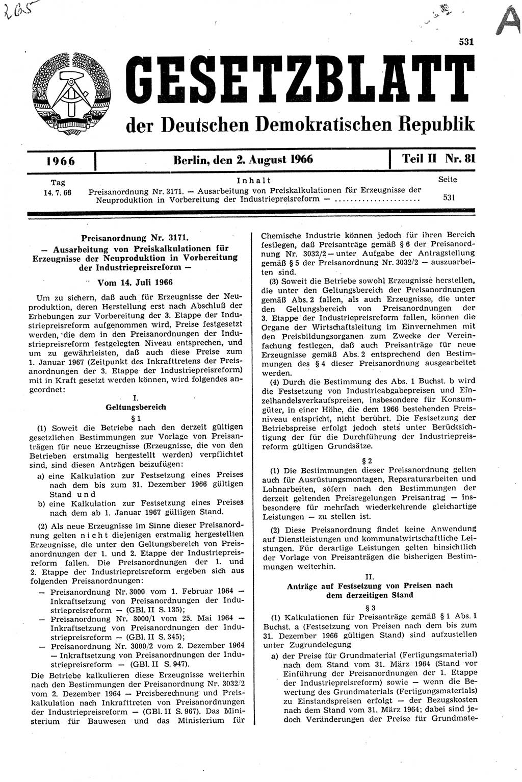 Gesetzblatt (GBl.) der Deutschen Demokratischen Republik (DDR) Teil ⅠⅠ 1966, Seite 531 (GBl. DDR ⅠⅠ 1966, S. 531)