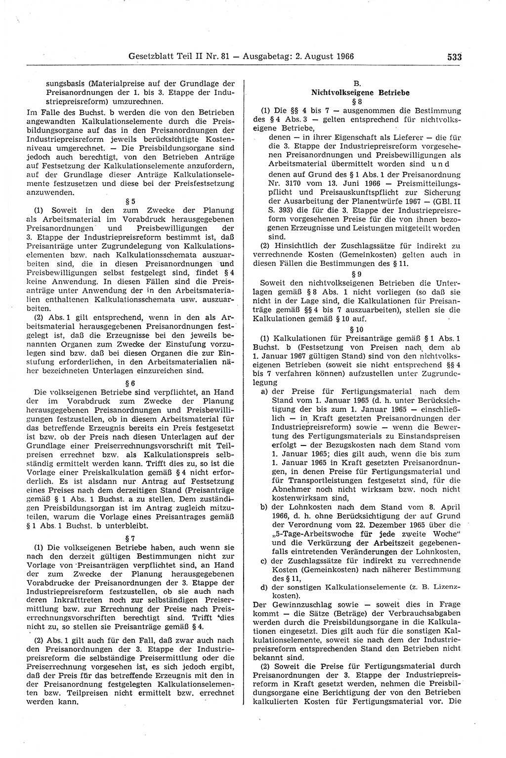 Gesetzblatt (GBl.) der Deutschen Demokratischen Republik (DDR) Teil ⅠⅠ 1966, Seite 533 (GBl. DDR ⅠⅠ 1966, S. 533)