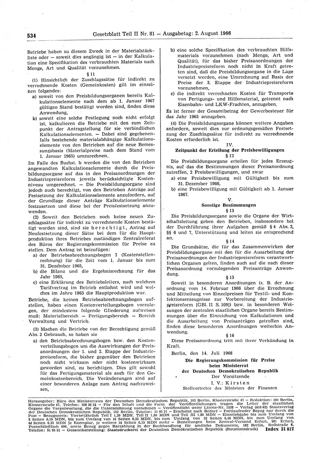 Gesetzblatt (GBl.) der Deutschen Demokratischen Republik (DDR) Teil ⅠⅠ 1966, Seite 534 (GBl. DDR ⅠⅠ 1966, S. 534)