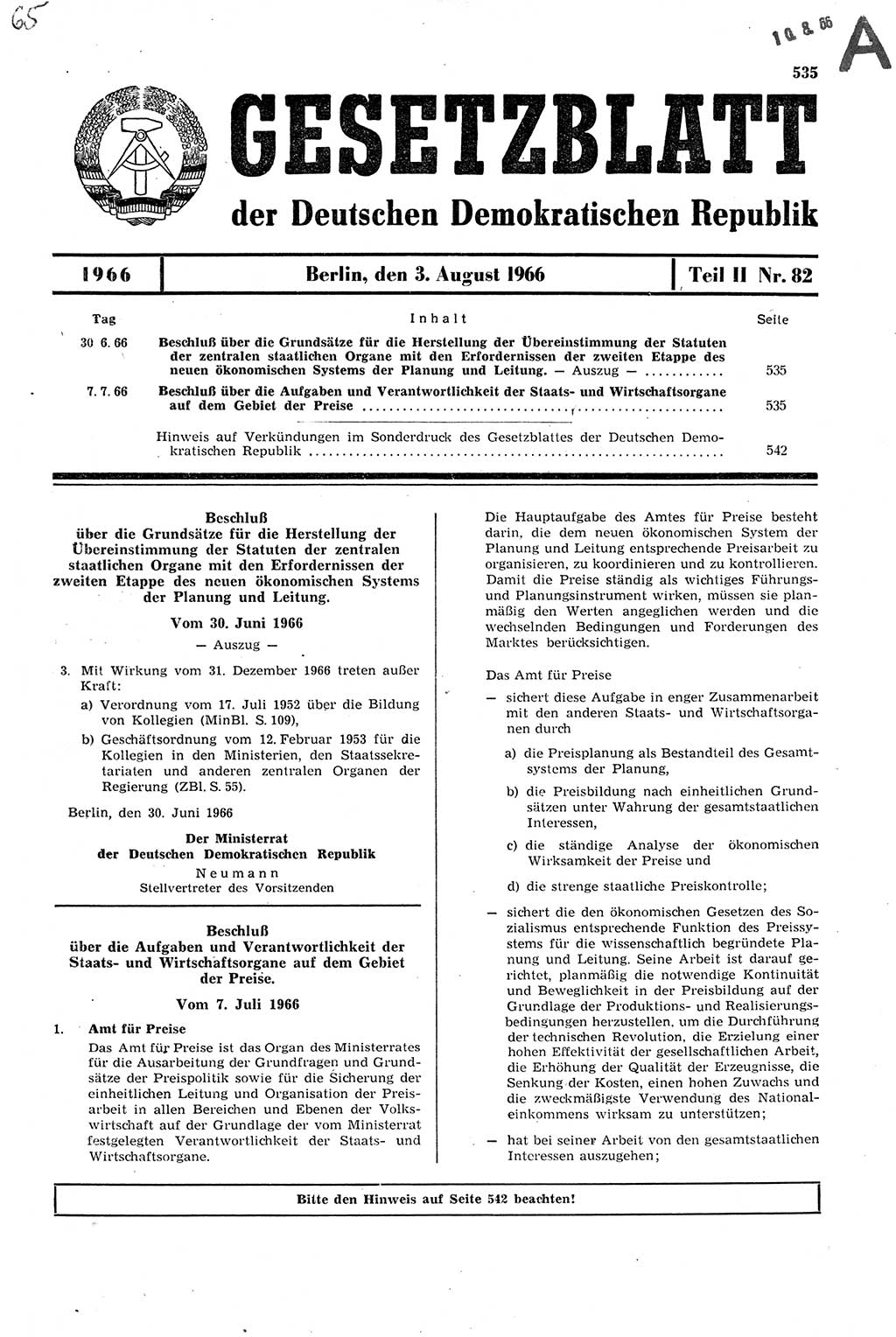 Gesetzblatt (GBl.) der Deutschen Demokratischen Republik (DDR) Teil ⅠⅠ 1966, Seite 535 (GBl. DDR ⅠⅠ 1966, S. 535)