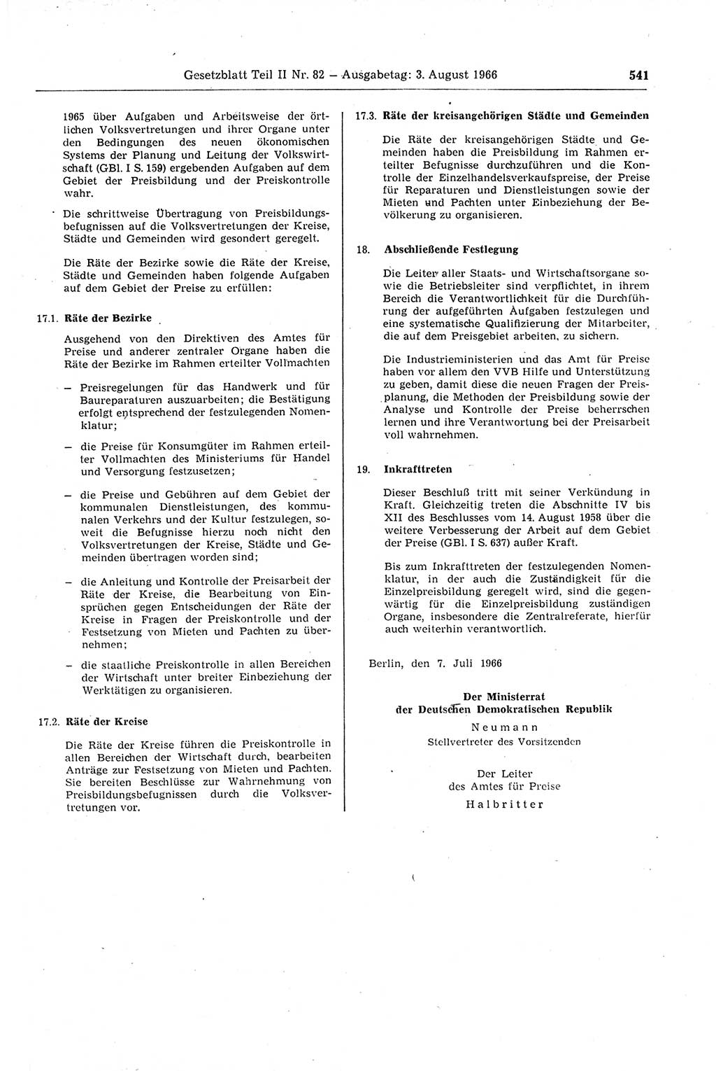 Gesetzblatt (GBl.) der Deutschen Demokratischen Republik (DDR) Teil ⅠⅠ 1966, Seite 541 (GBl. DDR ⅠⅠ 1966, S. 541)