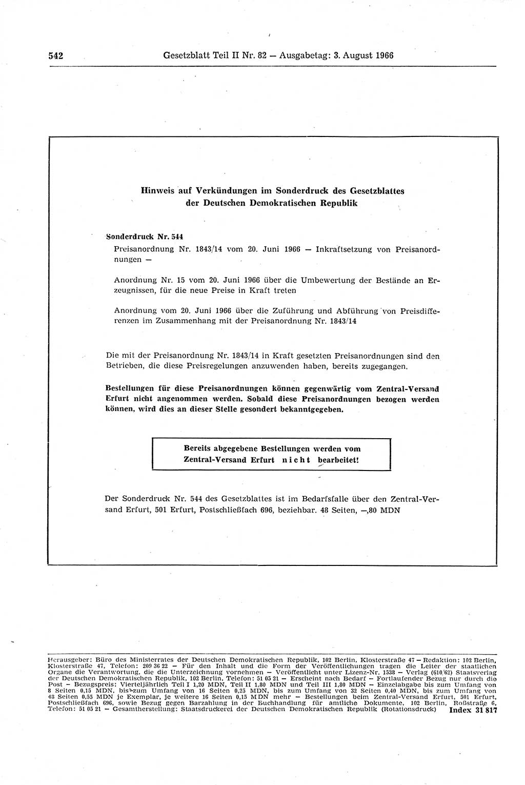Gesetzblatt (GBl.) der Deutschen Demokratischen Republik (DDR) Teil ⅠⅠ 1966, Seite 542 (GBl. DDR ⅠⅠ 1966, S. 542)