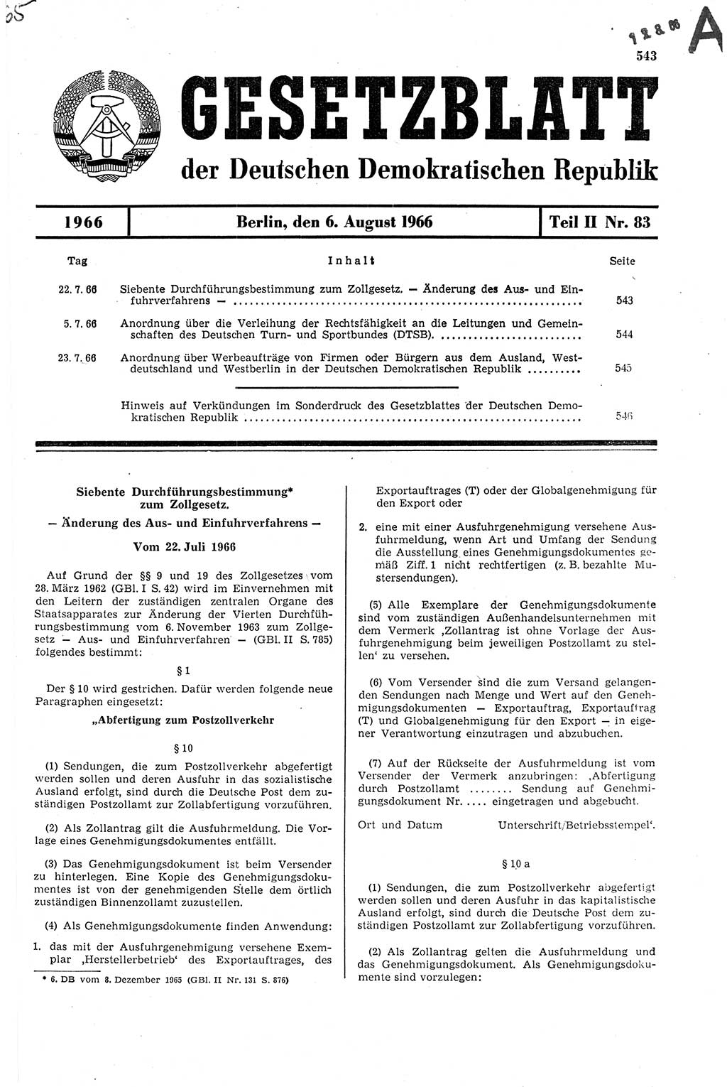 Gesetzblatt (GBl.) der Deutschen Demokratischen Republik (DDR) Teil ⅠⅠ 1966, Seite 543 (GBl. DDR ⅠⅠ 1966, S. 543)