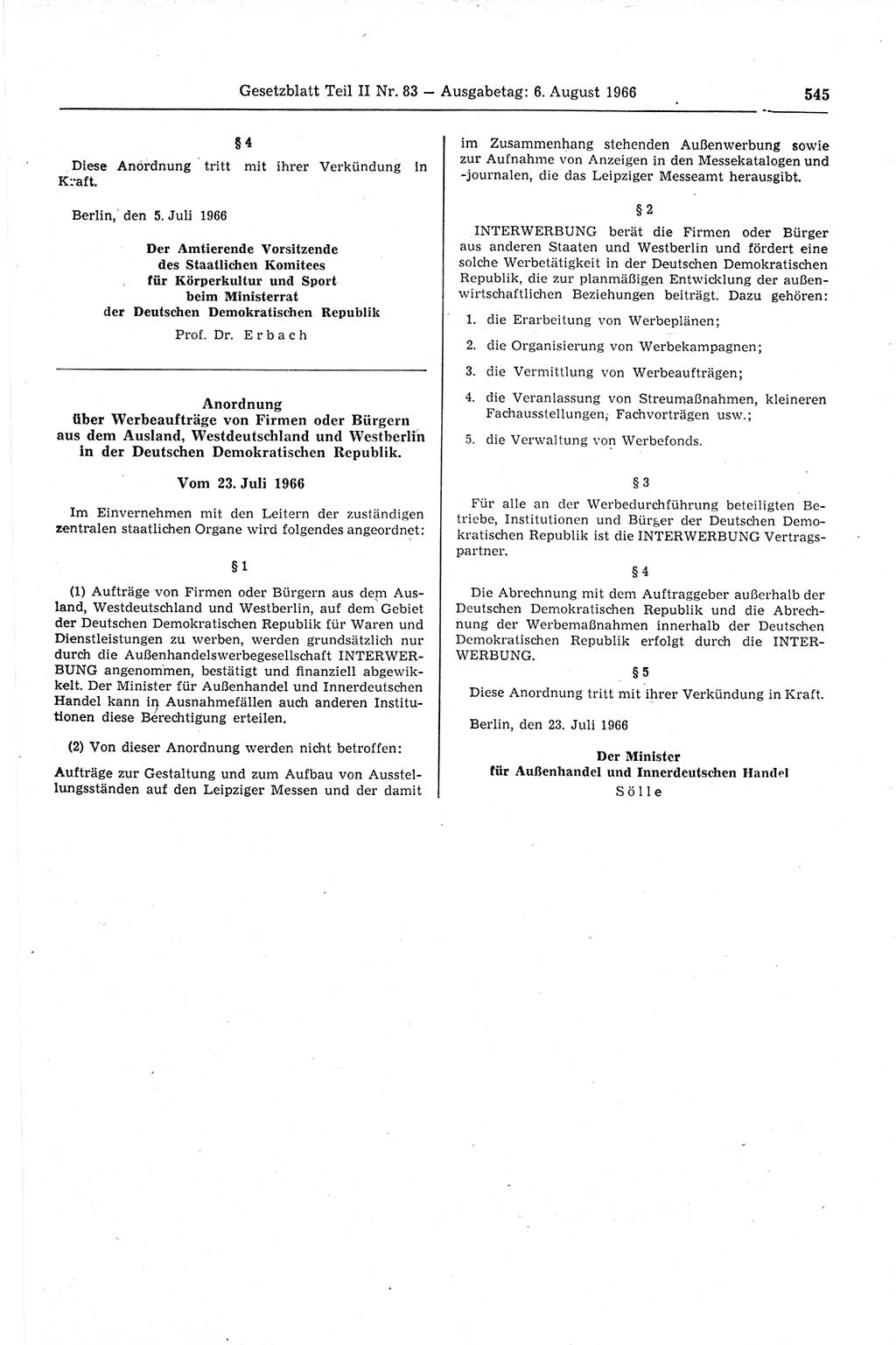 Gesetzblatt (GBl.) der Deutschen Demokratischen Republik (DDR) Teil ⅠⅠ 1966, Seite 545 (GBl. DDR ⅠⅠ 1966, S. 545)