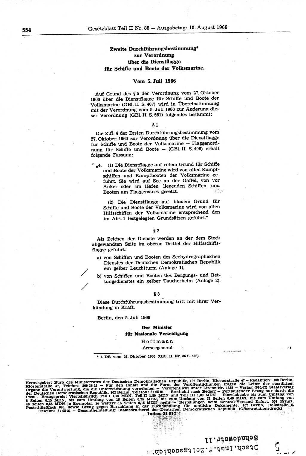 Gesetzblatt (GBl.) der Deutschen Demokratischen Republik (DDR) Teil ⅠⅠ 1966, Seite 554 (GBl. DDR ⅠⅠ 1966, S. 554)