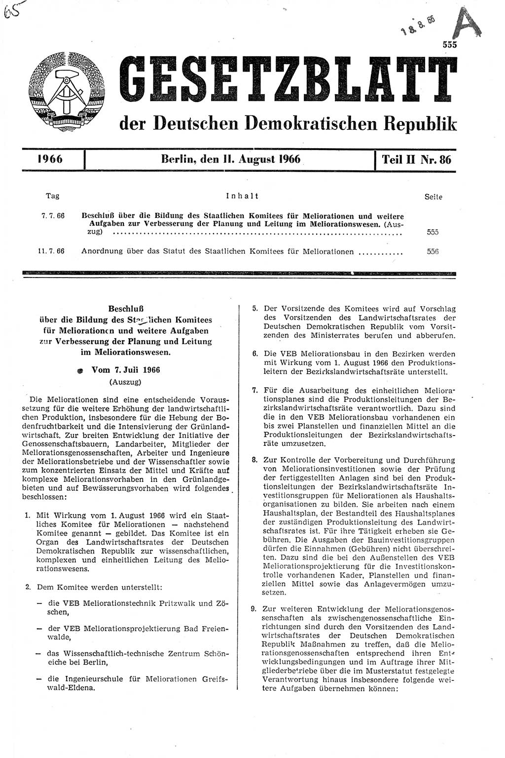 Gesetzblatt (GBl.) der Deutschen Demokratischen Republik (DDR) Teil ⅠⅠ 1966, Seite 555 (GBl. DDR ⅠⅠ 1966, S. 555)