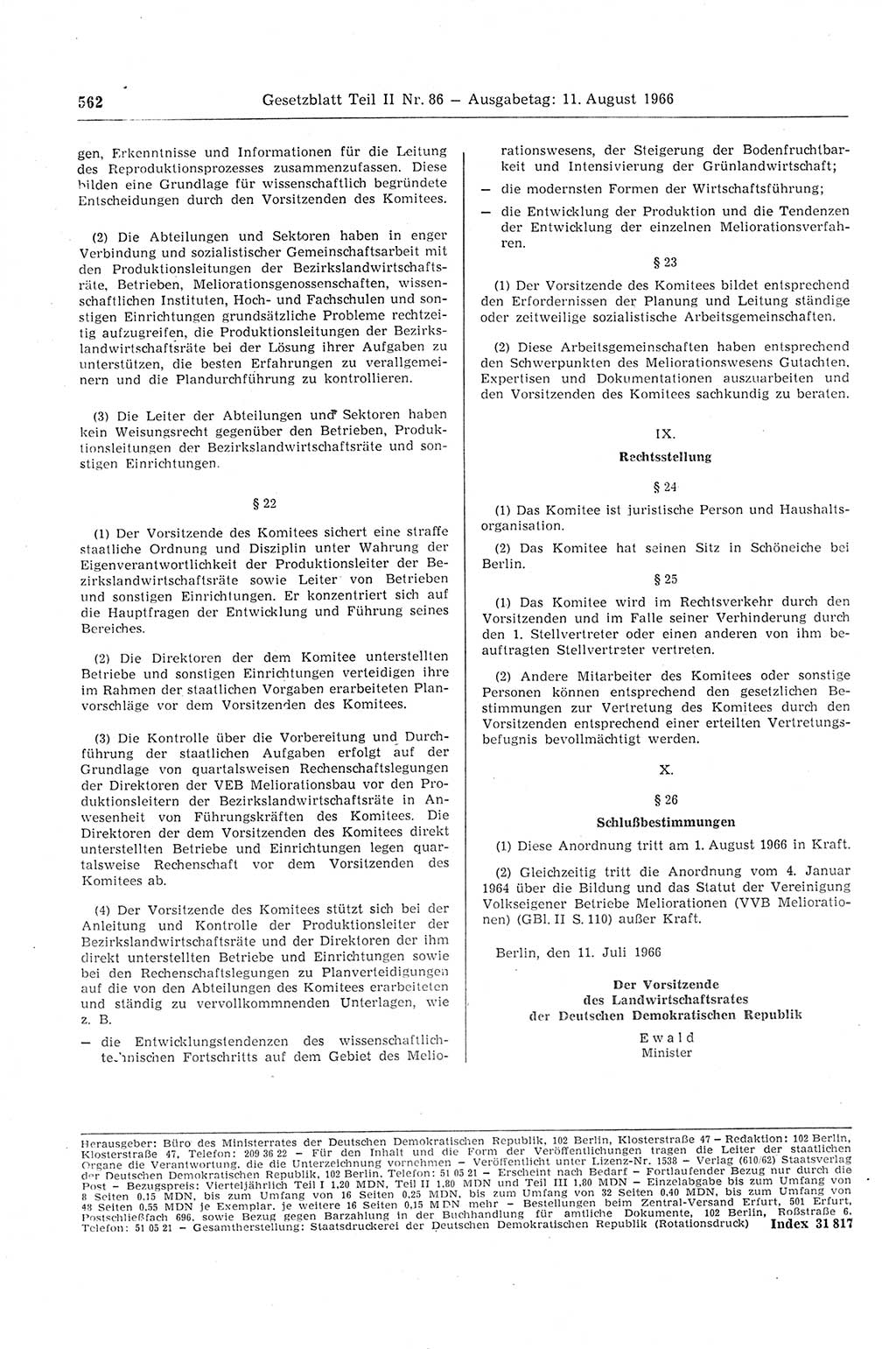 Gesetzblatt (GBl.) der Deutschen Demokratischen Republik (DDR) Teil ⅠⅠ 1966, Seite 562 (GBl. DDR ⅠⅠ 1966, S. 562)
