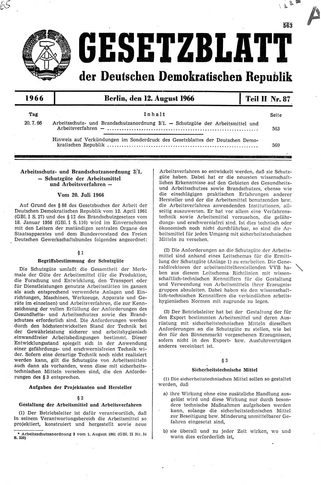 Gesetzblatt (GBl.) der Deutschen Demokratischen Republik (DDR) Teil ⅠⅠ 1966, Seite 563 (GBl. DDR ⅠⅠ 1966, S. 563)