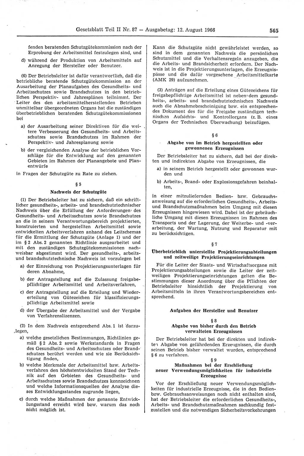 Gesetzblatt (GBl.) der Deutschen Demokratischen Republik (DDR) Teil ⅠⅠ 1966, Seite 565 (GBl. DDR ⅠⅠ 1966, S. 565)