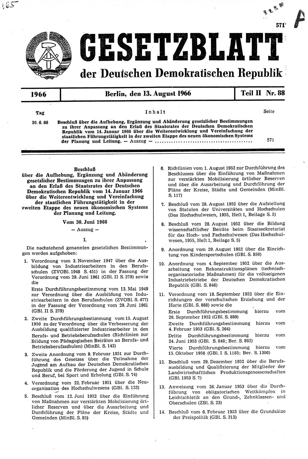 Gesetzblatt (GBl.) der Deutschen Demokratischen Republik (DDR) Teil ⅠⅠ 1966, Seite 571 (GBl. DDR ⅠⅠ 1966, S. 571)