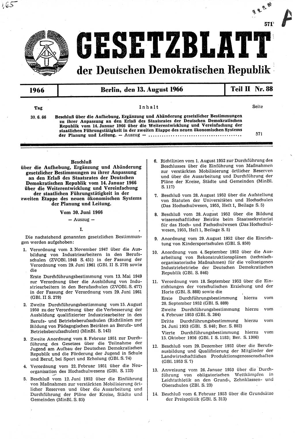 Gesetzblatt (GBl.) der Deutschen Demokratischen Republik (DDR) Teil ⅠⅠ 1966, Seite 571 (GBl. DDR ⅠⅠ 1966, S. 571)