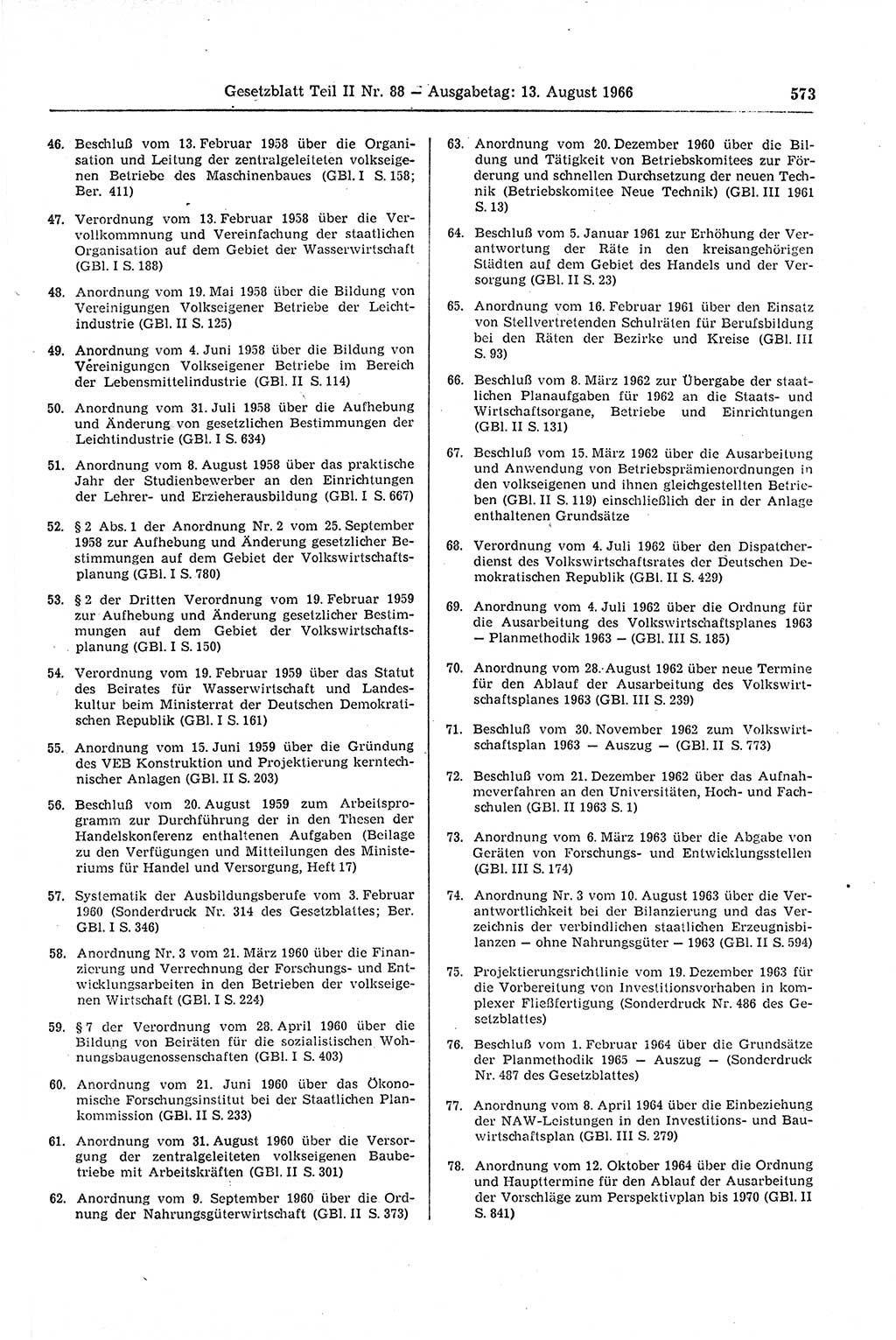 Gesetzblatt (GBl.) der Deutschen Demokratischen Republik (DDR) Teil ⅠⅠ 1966, Seite 573 (GBl. DDR ⅠⅠ 1966, S. 573)