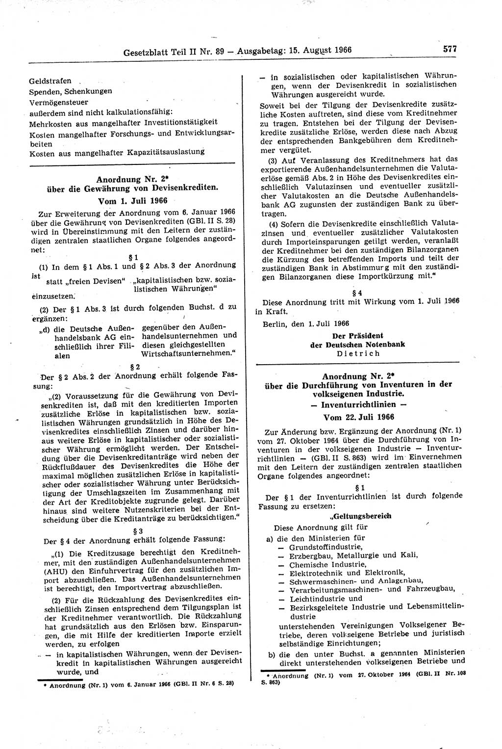 Gesetzblatt (GBl.) der Deutschen Demokratischen Republik (DDR) Teil ⅠⅠ 1966, Seite 577 (GBl. DDR ⅠⅠ 1966, S. 577)