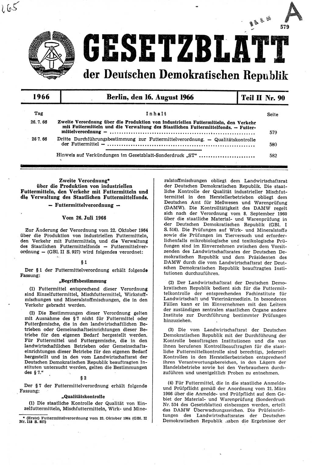 Gesetzblatt (GBl.) der Deutschen Demokratischen Republik (DDR) Teil ⅠⅠ 1966, Seite 579 (GBl. DDR ⅠⅠ 1966, S. 579)