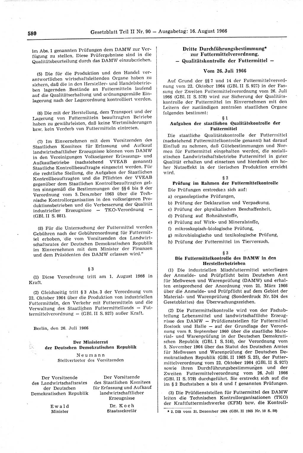 Gesetzblatt (GBl.) der Deutschen Demokratischen Republik (DDR) Teil ⅠⅠ 1966, Seite 580 (GBl. DDR ⅠⅠ 1966, S. 580)