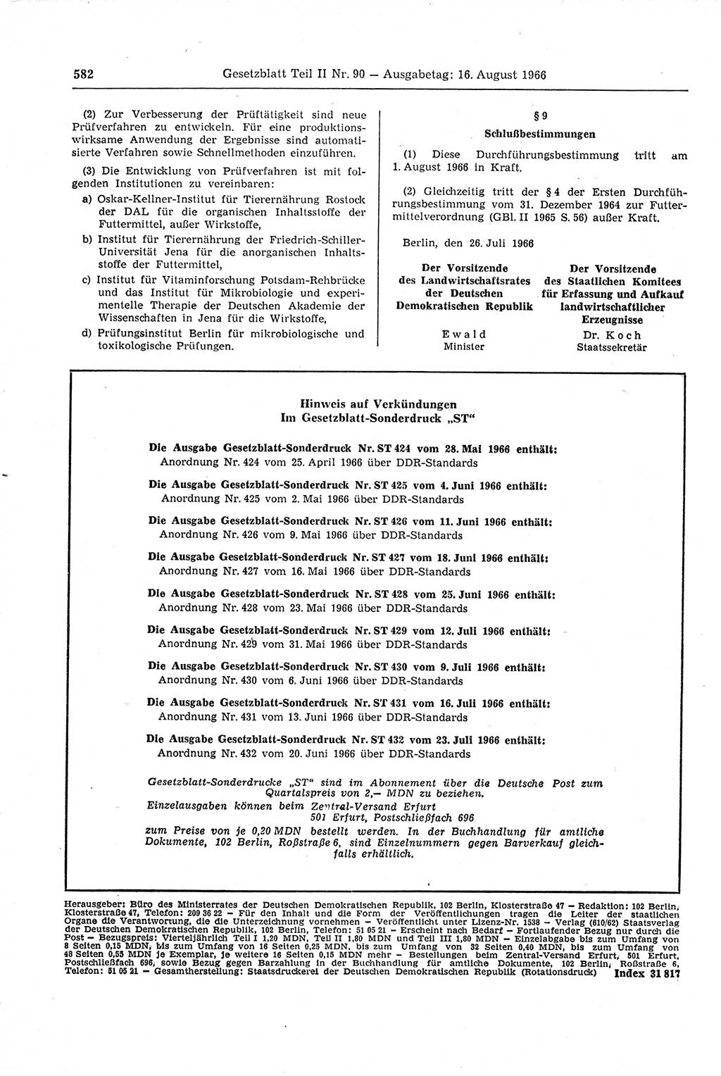 Gesetzblatt (GBl.) der Deutschen Demokratischen Republik (DDR) Teil ⅠⅠ 1966, Seite 582 (GBl. DDR ⅠⅠ 1966, S. 582)