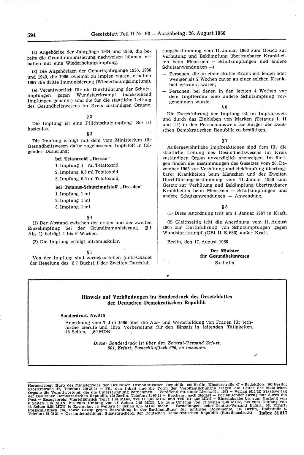 Gesetzblatt (GBl.) der Deutschen Demokratischen Republik (DDR) Teil ⅠⅠ 1966, Seite 594 (GBl. DDR ⅠⅠ 1966, S. 594)