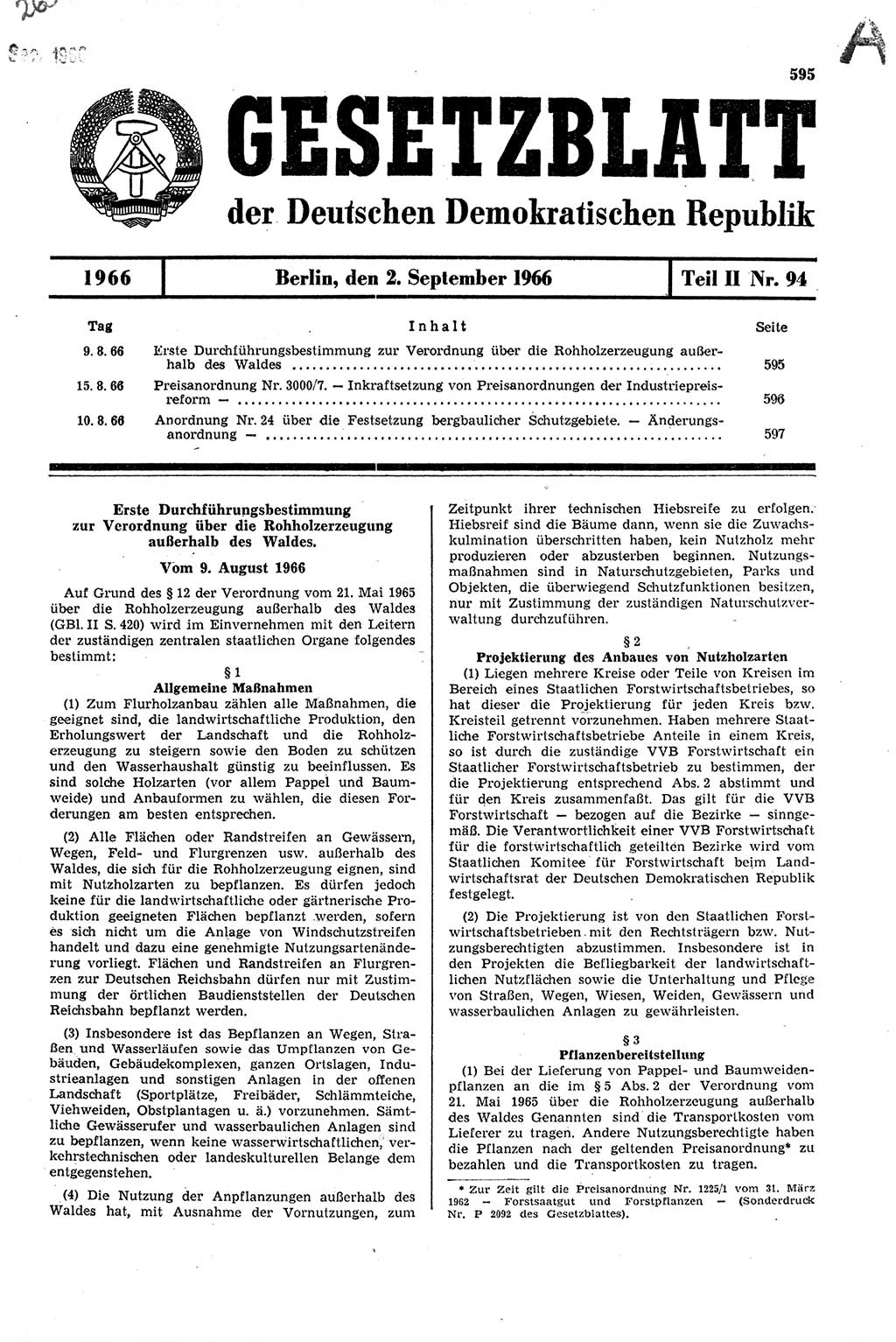 Gesetzblatt (GBl.) der Deutschen Demokratischen Republik (DDR) Teil ⅠⅠ 1966, Seite 595 (GBl. DDR ⅠⅠ 1966, S. 595)