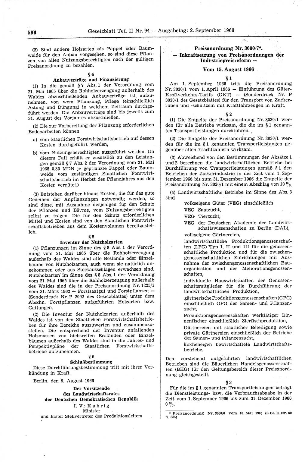 Gesetzblatt (GBl.) der Deutschen Demokratischen Republik (DDR) Teil ⅠⅠ 1966, Seite 596 (GBl. DDR ⅠⅠ 1966, S. 596)