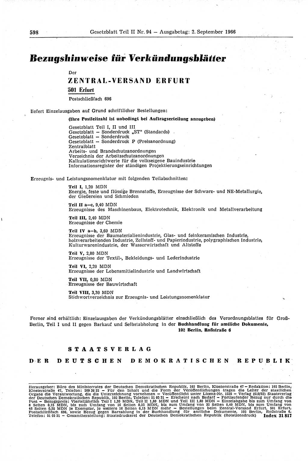 Gesetzblatt (GBl.) der Deutschen Demokratischen Republik (DDR) Teil ⅠⅠ 1966, Seite 598 (GBl. DDR ⅠⅠ 1966, S. 598)