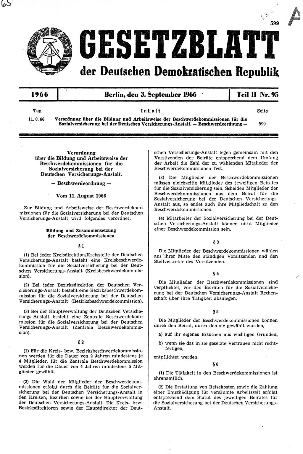 Gesetzblatt (GBl.) der Deutschen Demokratischen Republik (DDR) Teil ⅠⅠ 1966, Seite 599 (GBl. DDR ⅠⅠ 1966, S. 599)