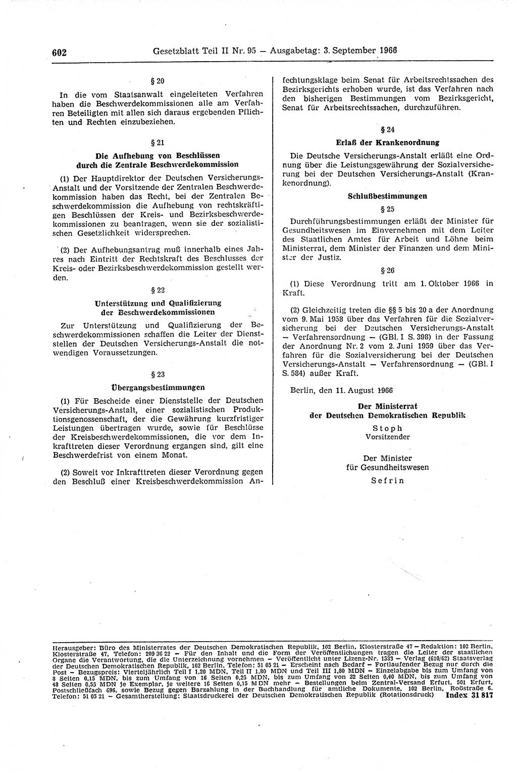 Gesetzblatt (GBl.) der Deutschen Demokratischen Republik (DDR) Teil ⅠⅠ 1966, Seite 602 (GBl. DDR ⅠⅠ 1966, S. 602)