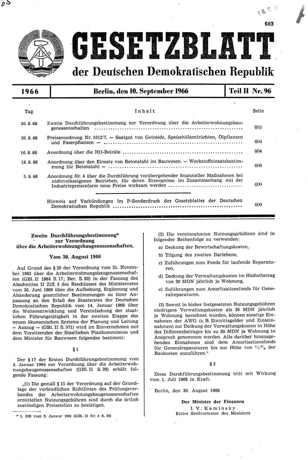 Gesetzblatt (GBl.) der Deutschen Demokratischen Republik (DDR) Teil ⅠⅠ 1966, Seite 603 (GBl. DDR ⅠⅠ 1966, S. 603)
