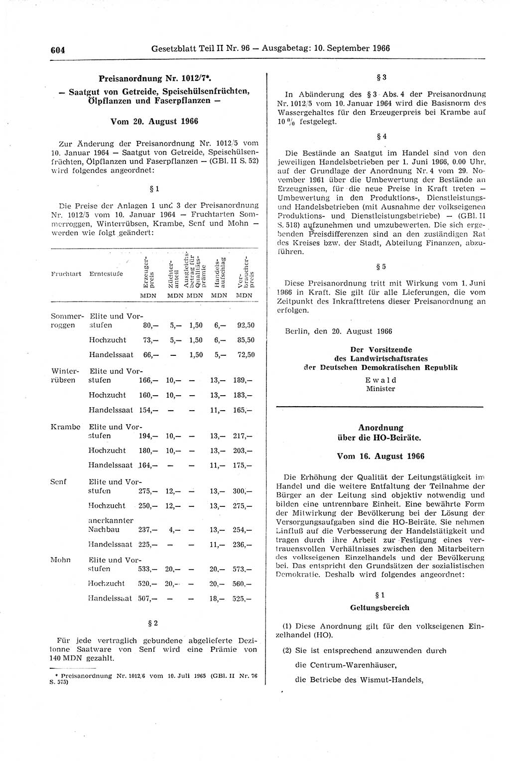 Gesetzblatt (GBl.) der Deutschen Demokratischen Republik (DDR) Teil ⅠⅠ 1966, Seite 604 (GBl. DDR ⅠⅠ 1966, S. 604)