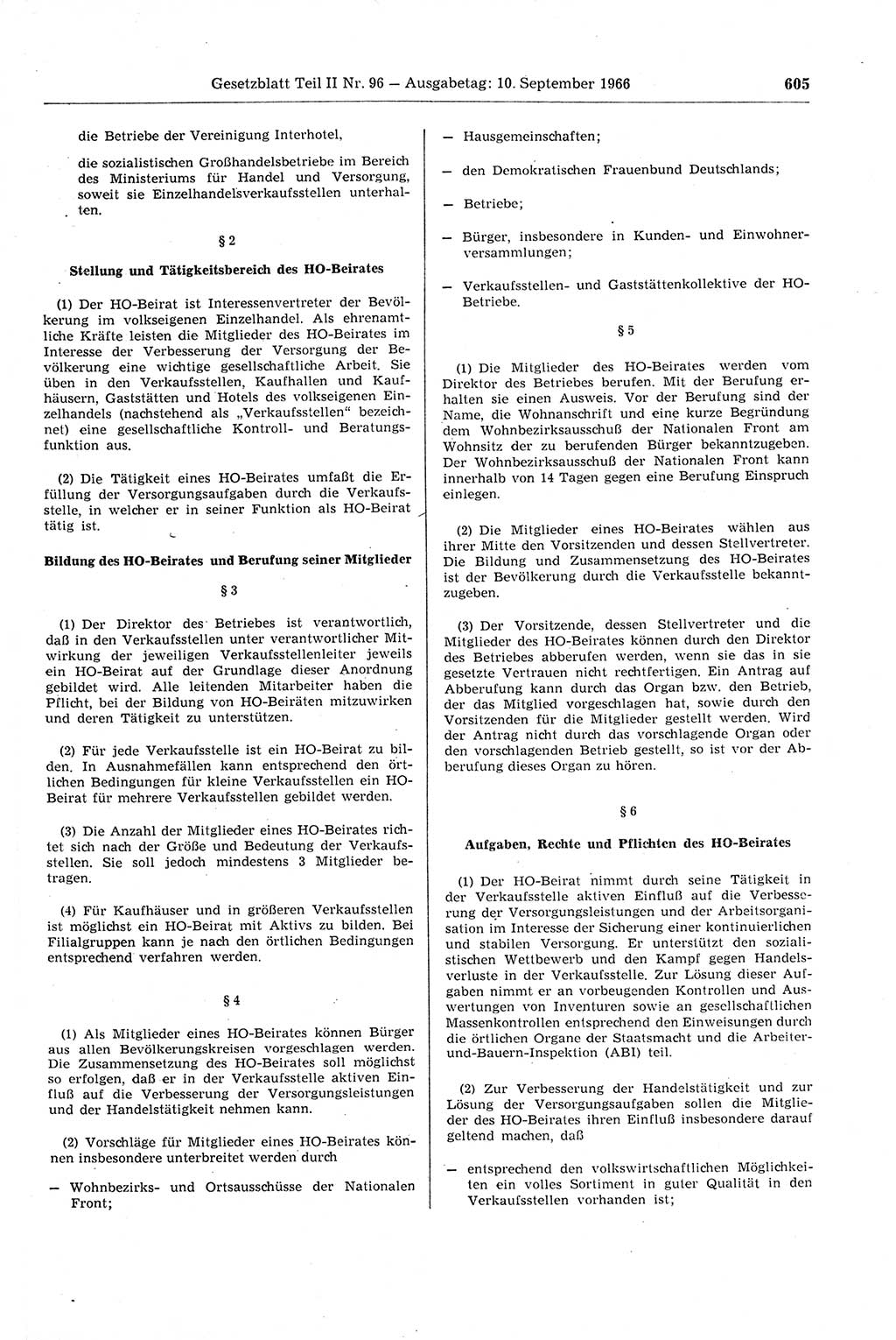Gesetzblatt (GBl.) der Deutschen Demokratischen Republik (DDR) Teil ⅠⅠ 1966, Seite 605 (GBl. DDR ⅠⅠ 1966, S. 605)