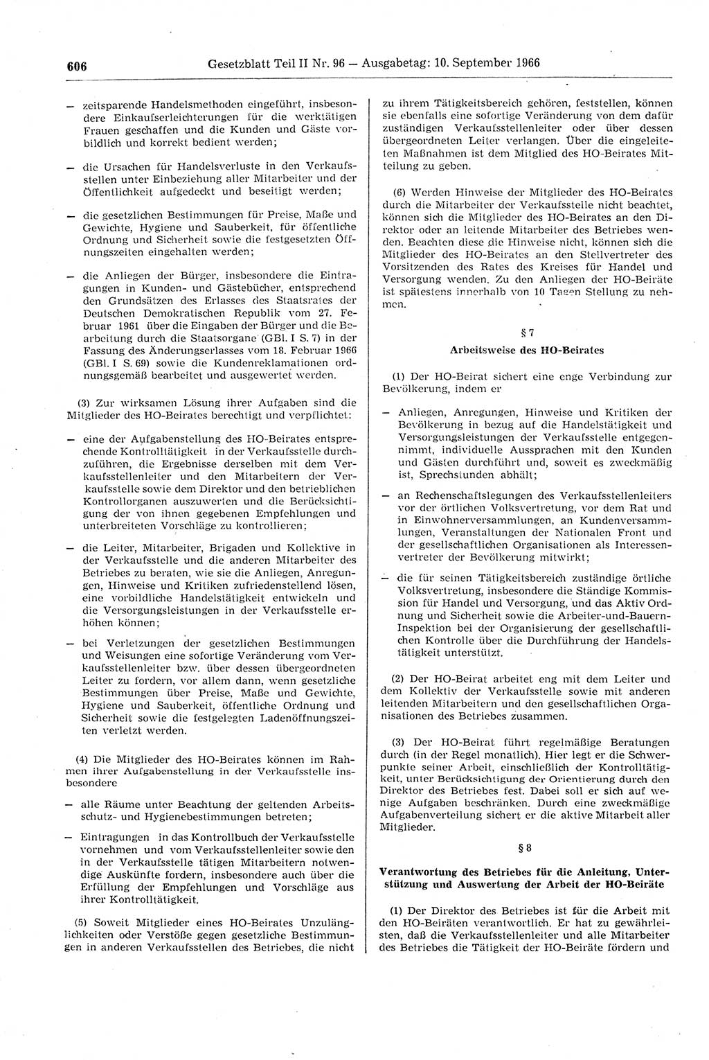 Gesetzblatt (GBl.) der Deutschen Demokratischen Republik (DDR) Teil ⅠⅠ 1966, Seite 606 (GBl. DDR ⅠⅠ 1966, S. 606)