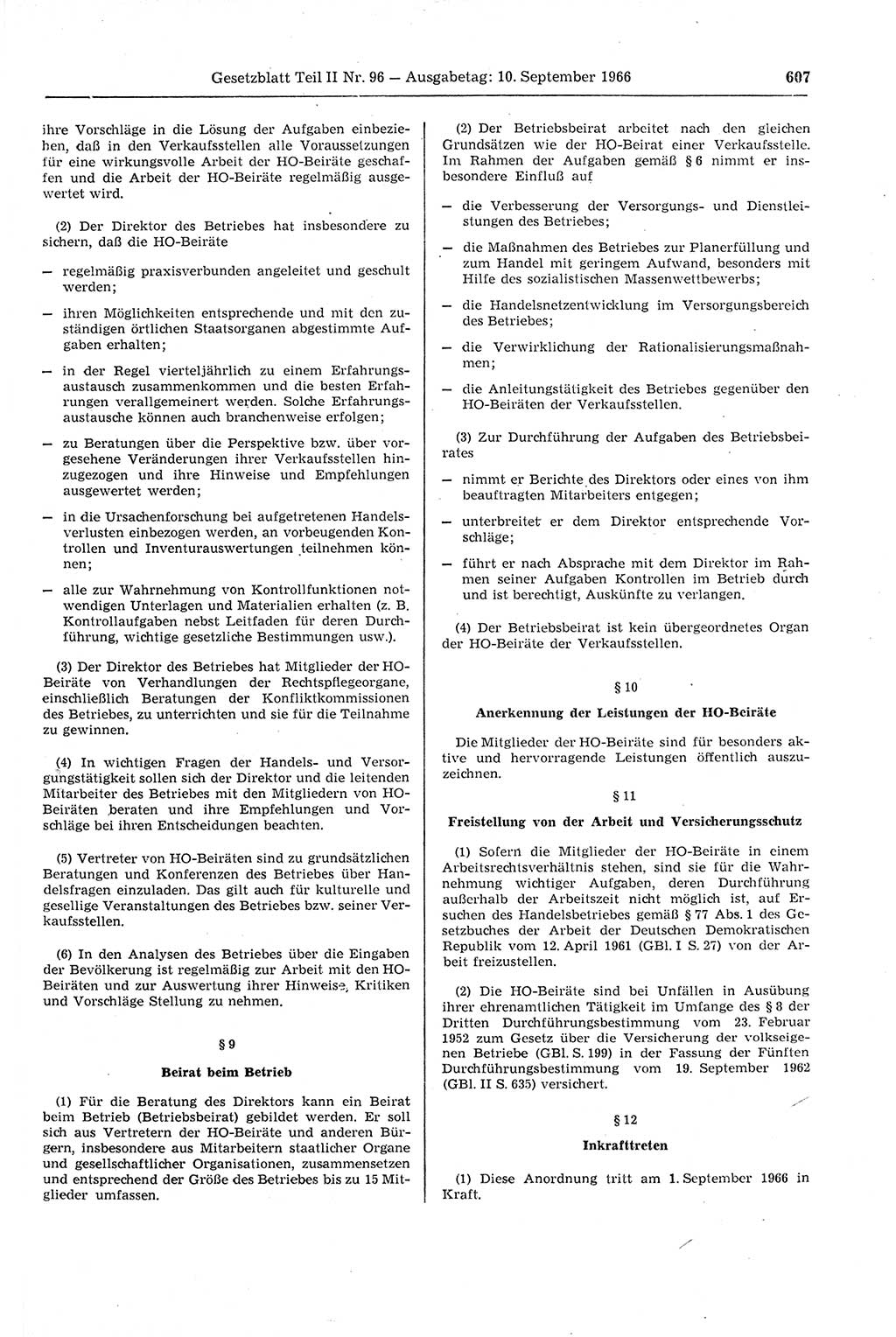 Gesetzblatt (GBl.) der Deutschen Demokratischen Republik (DDR) Teil ⅠⅠ 1966, Seite 607 (GBl. DDR ⅠⅠ 1966, S. 607)