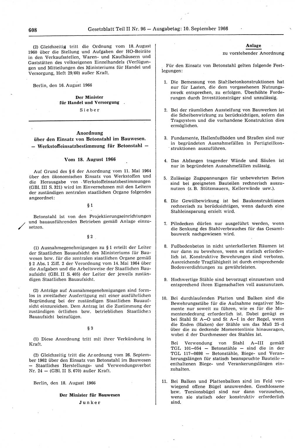 Gesetzblatt (GBl.) der Deutschen Demokratischen Republik (DDR) Teil ⅠⅠ 1966, Seite 608 (GBl. DDR ⅠⅠ 1966, S. 608)
