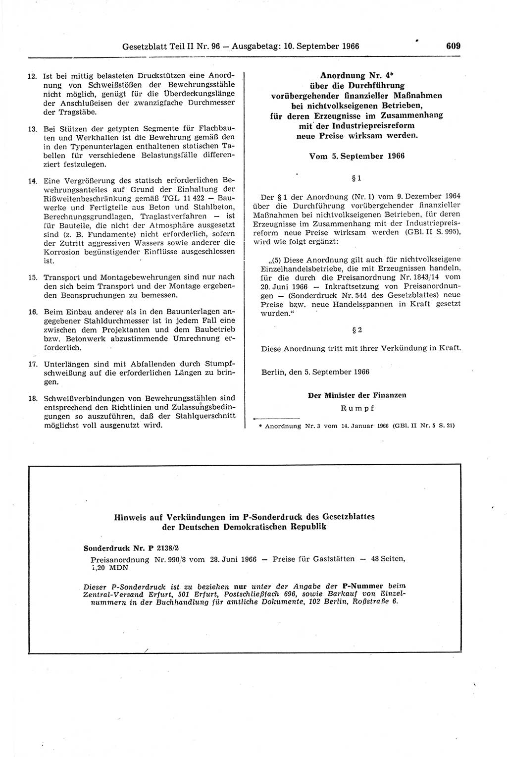 Gesetzblatt (GBl.) der Deutschen Demokratischen Republik (DDR) Teil ⅠⅠ 1966, Seite 609 (GBl. DDR ⅠⅠ 1966, S. 609)